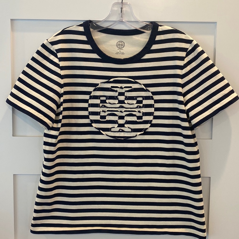 Tory Burch navy and white striped logo T-shirt size L